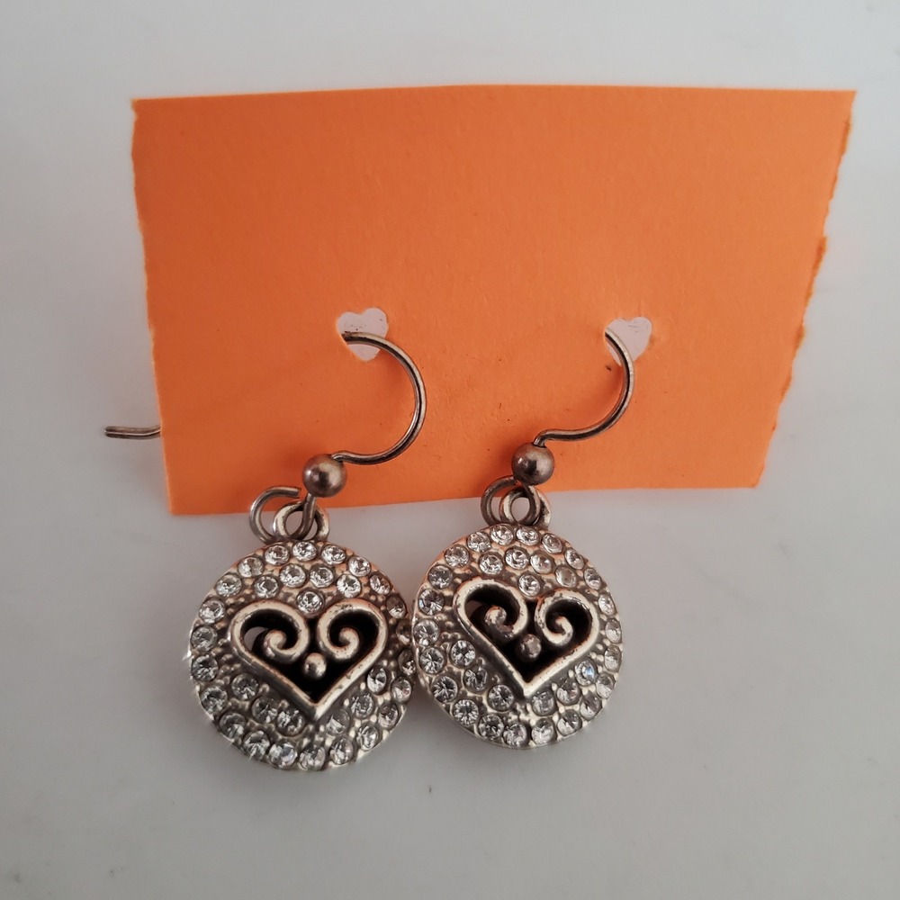 Brighton Silver Tone Crystal Heart Scroll Round Drop Earrings French Wire